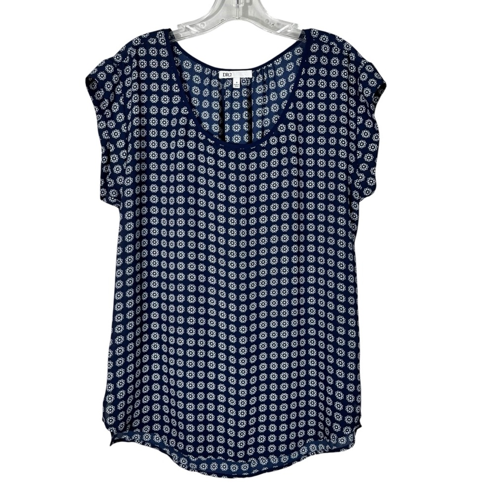 DR2 Blue White Mandala Dot Print Chiffon Lightweight Short Sleeve Blouse Medium